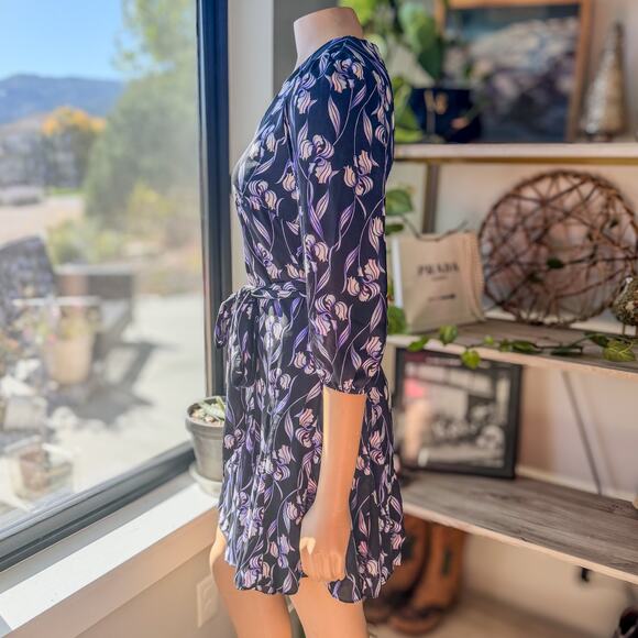 White House Black Market, Purple & Black Iris Floral Dress Tie Waist Women’s 00 - Picture 3 of 11